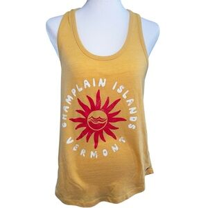 5/$25 Champlain Islands Yellow Racerback Tank with Red Sun Graphic